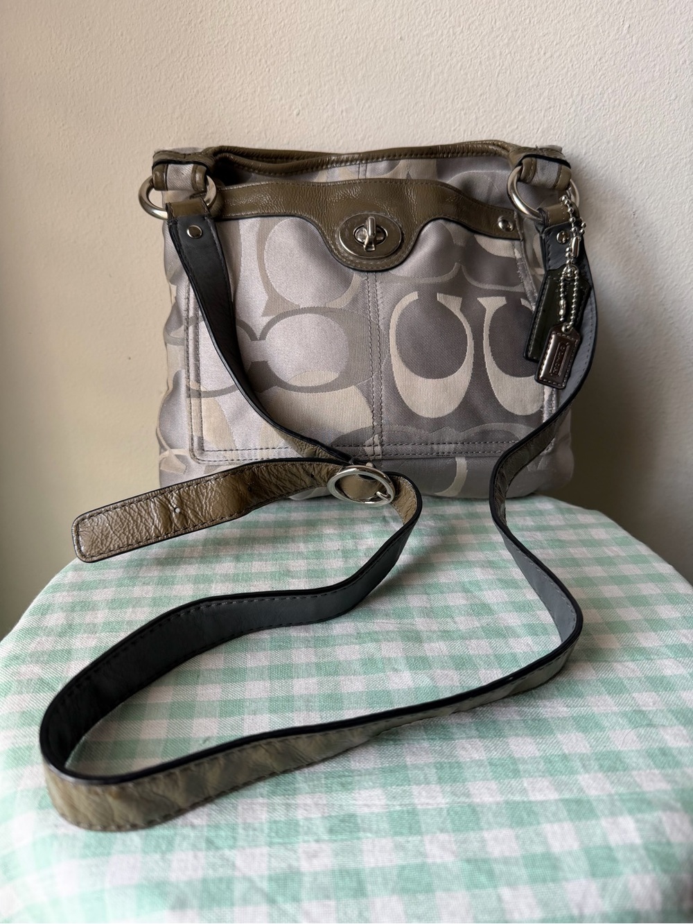Coach Penelope Gray and Olive Optic Signature Turnlock Crossbody Bag F17479